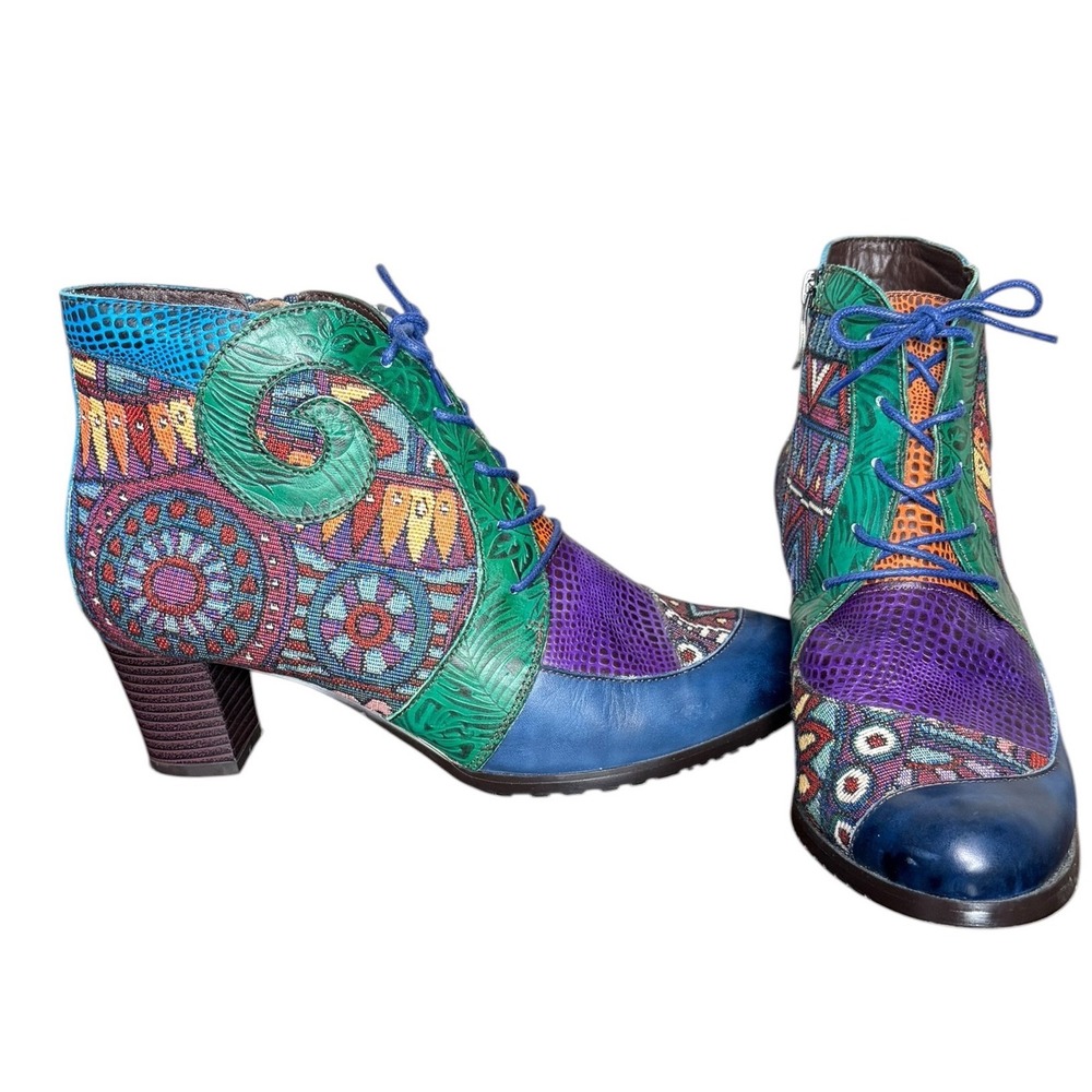 Socofy Multicolor Leather Patchwork Ankle Boots‎ Boho Eclectic Women's Size 10